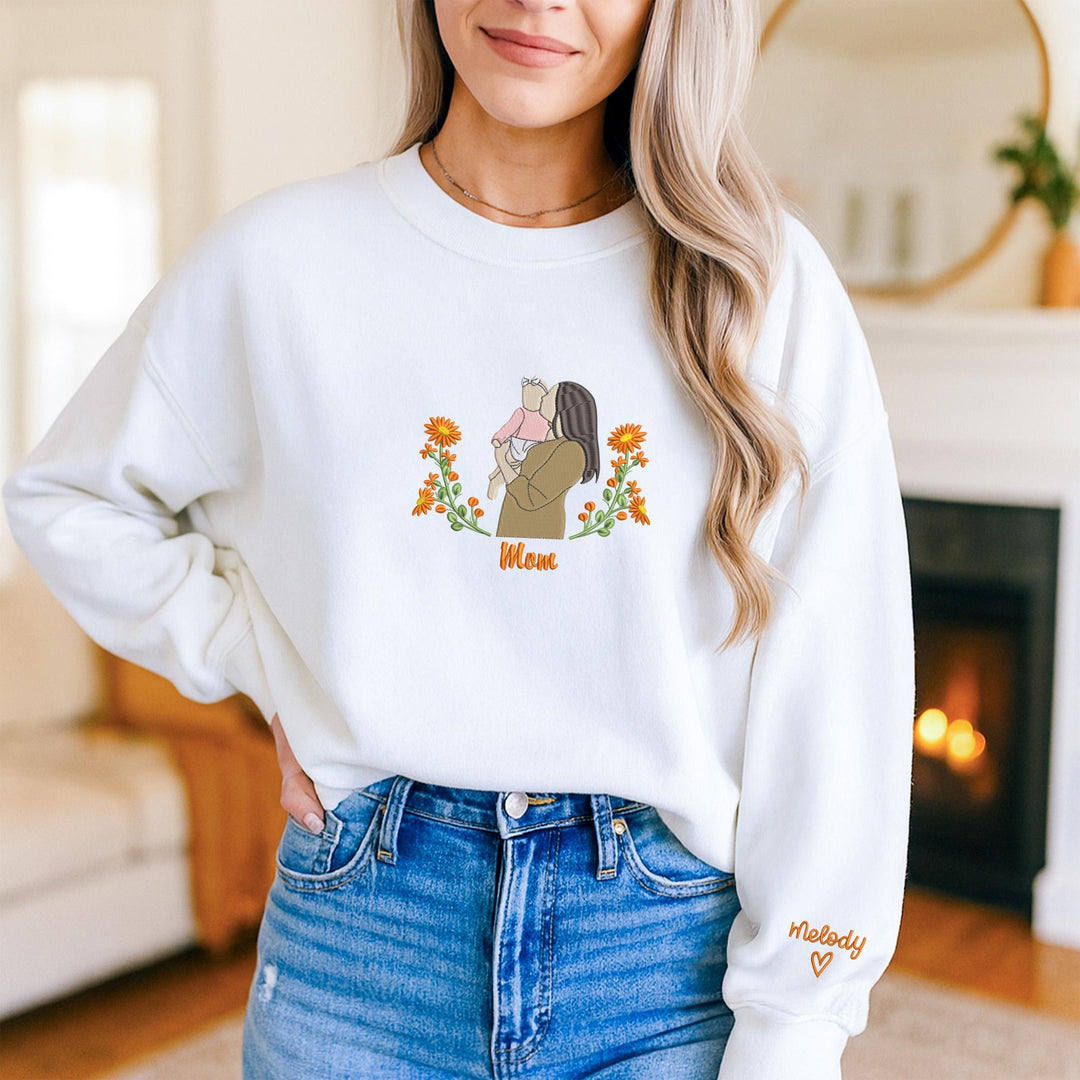 Sweat-shirt maman brodé personnalisé avec portrait photo et fleurs de naissance