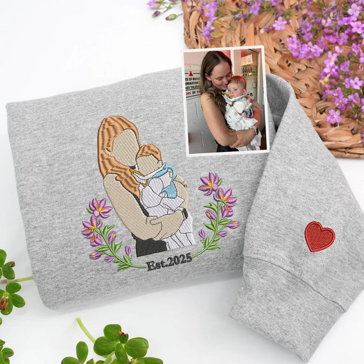 Sweat-shirt avec broderie portrait maman et enfants et options de couronne de fleurs