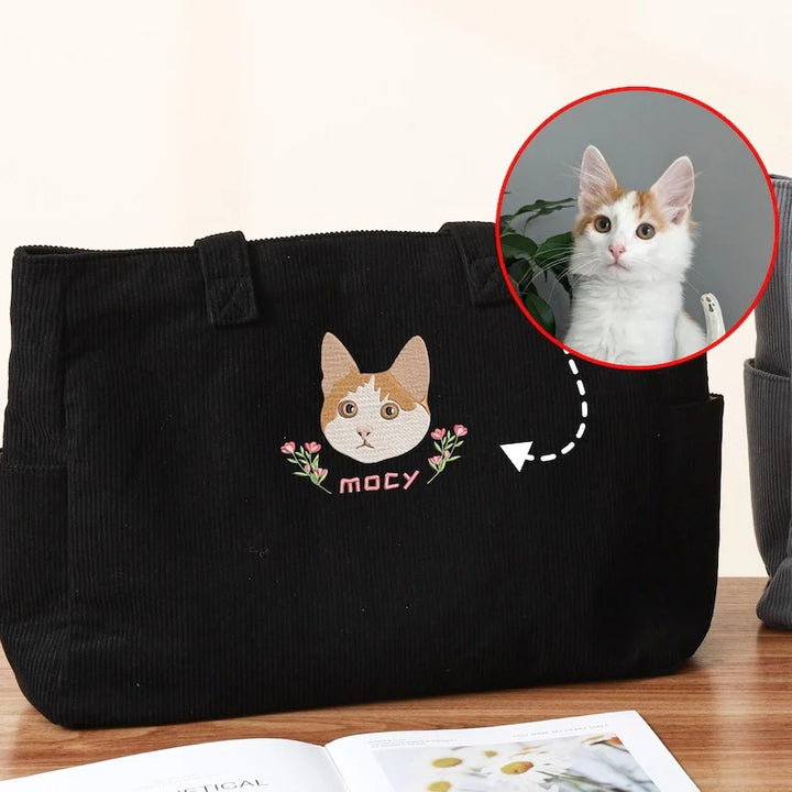 Sac fourre-tout en velours côtelé personnalisé pour maman de chien, avec broderie représentant le visage de l'animal.