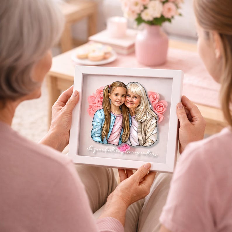 Cadre-vitrine floral personnalisé avec portrait de famille pour Maman et Mamie