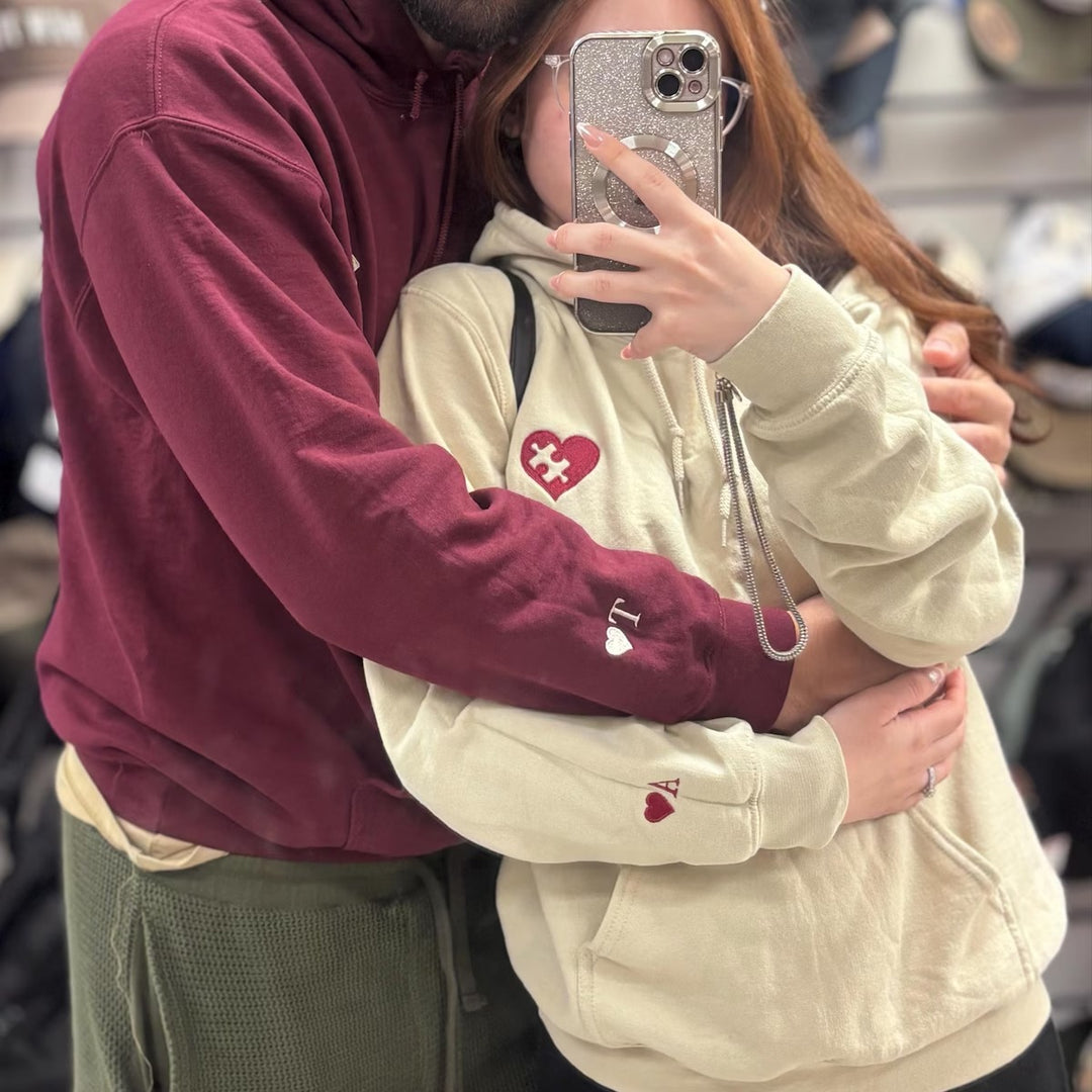Sweat-shirts Couple Personnalisés, Cœurs Brodés et Puzzle avec Initiales,Cadeau d’Anniversaire et de Noël