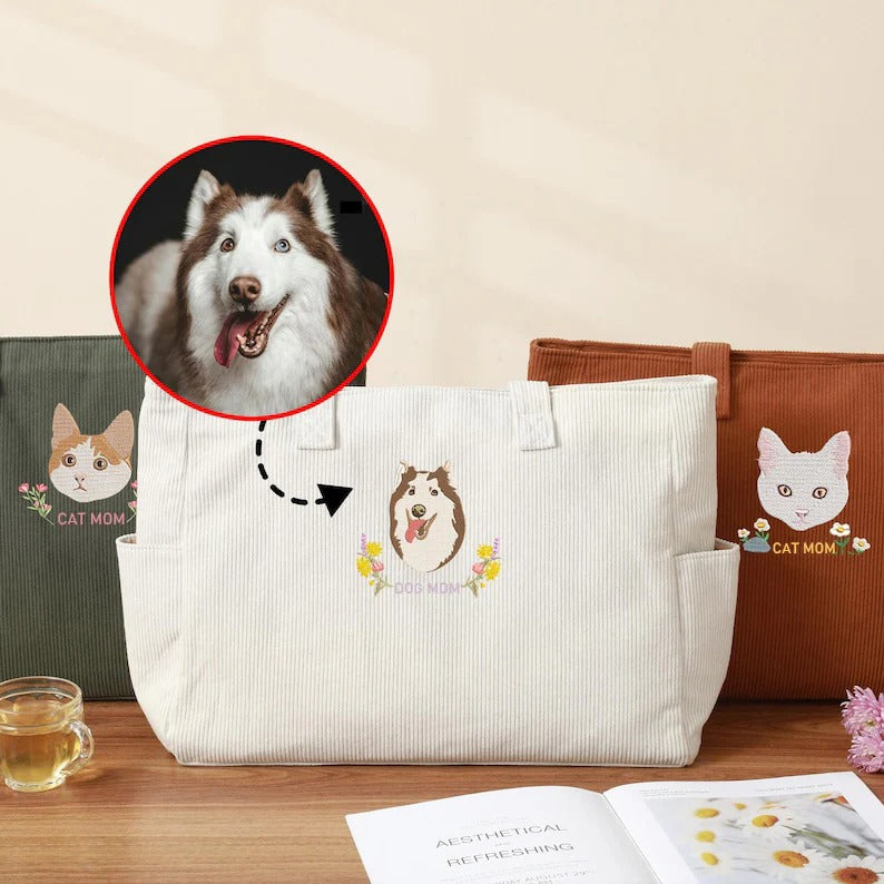Sac fourre-tout en velours côtelé personnalisé pour maman de chien, avec broderie représentant le visage de l'animal.