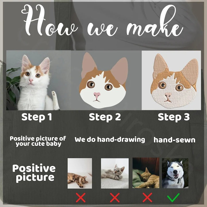 Sac fourre-tout en velours côtelé personnalisé pour maman de chien, avec broderie représentant le visage de l'animal.