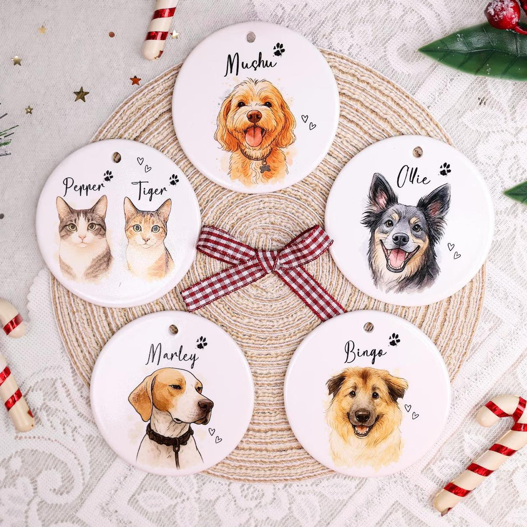 Décoration de Noël personnalisée avec portrait d’animal – Souvenir commémoratif effet aquarelle