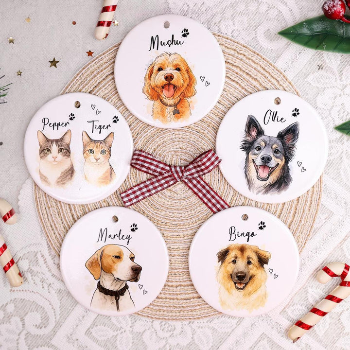 Décoration de Noël personnalisée avec portrait d’animal – Souvenir commémoratif effet aquarelle