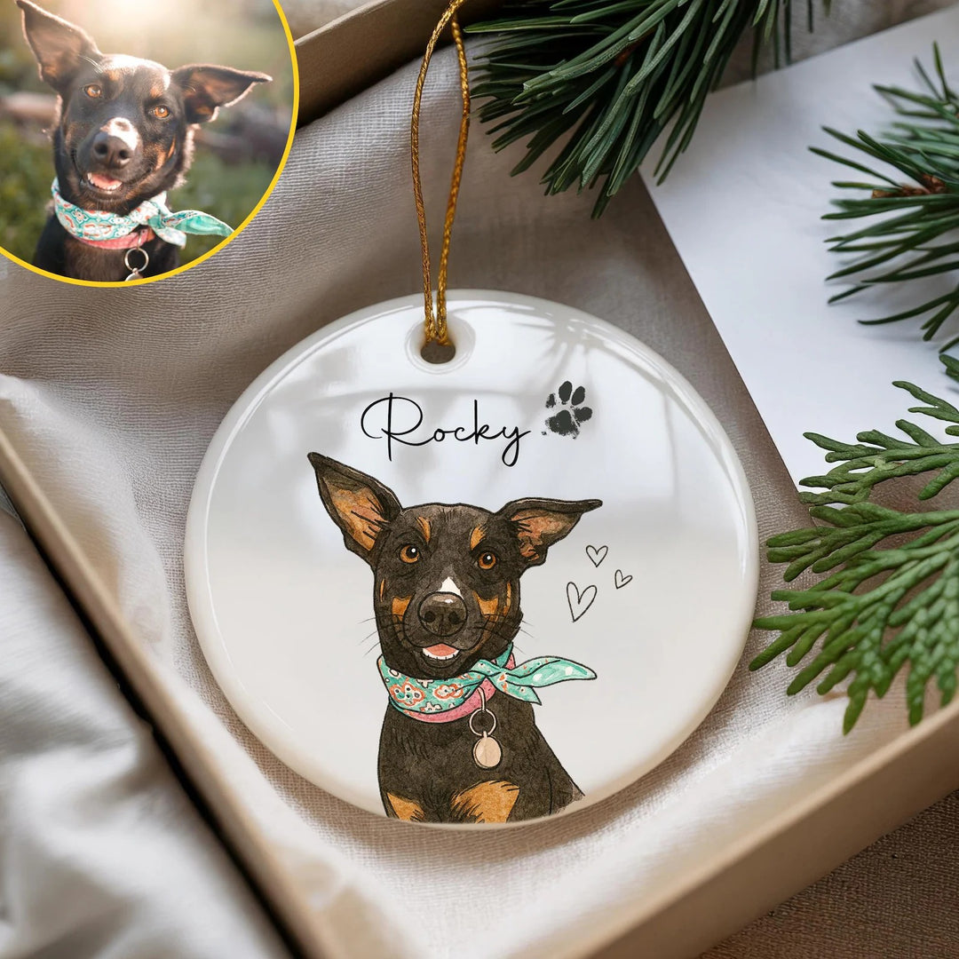 Décoration de Noël personnalisée avec portrait d’animal – Souvenir commémoratif effet aquarelle