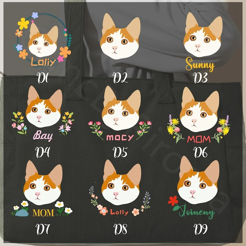 Sac fourre-tout en velours côtelé personnalisé pour maman de chien, avec broderie représentant le visage de l'animal.