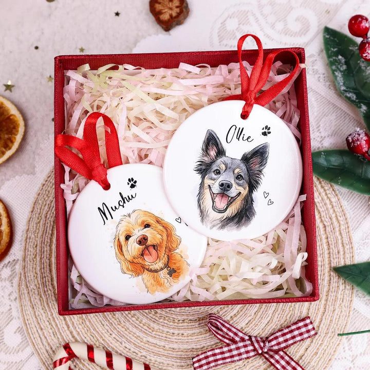 Décoration de Noël personnalisée avec portrait d’animal – Souvenir commémoratif effet aquarelle