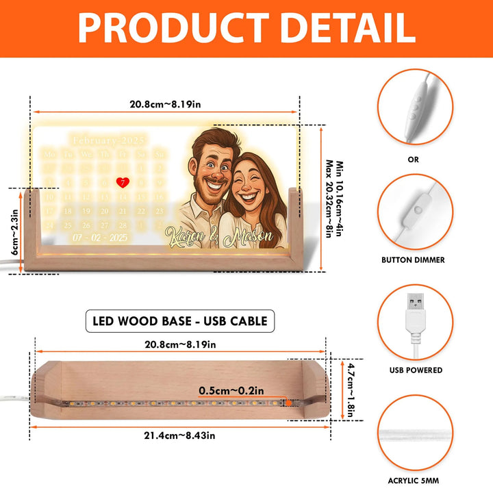 Lampe LED calendrier personnalisée avec portrait de couple, cadeau de Saint-Valentin