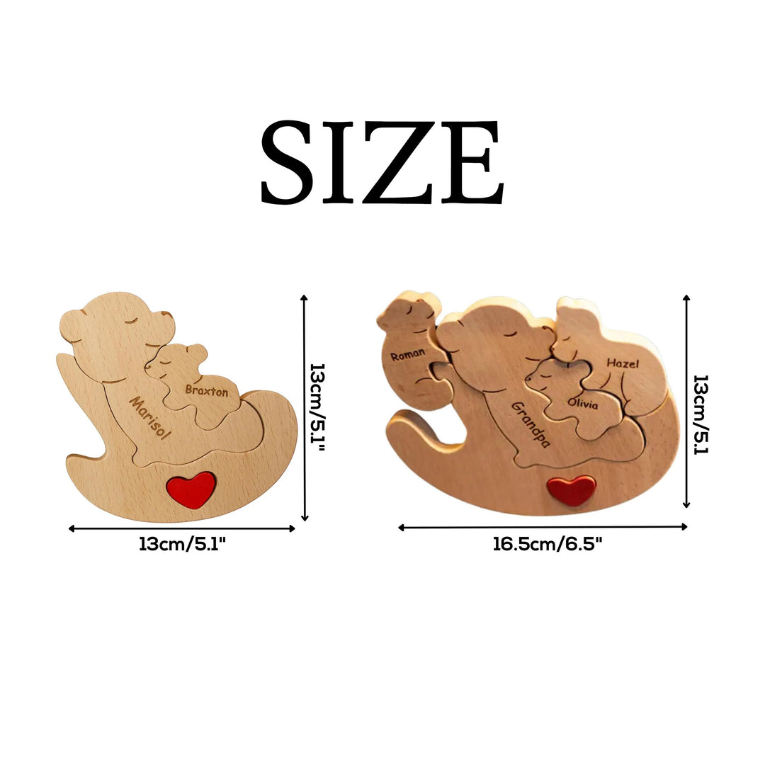Puzzle familial en bois personnalisé – Ours Maman berçant ses petits avec prénoms gravés