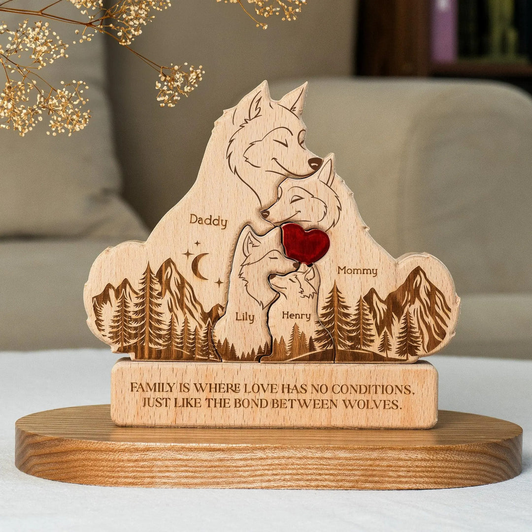 Puzzle en bois personnalisé - Famille de loups - Décorations et cadeaux personnalisés