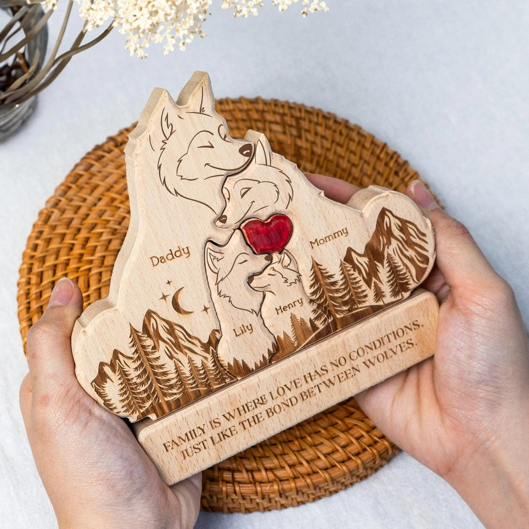 Puzzle en bois personnalisé - Famille de loups - Décorations et cadeaux personnalisés