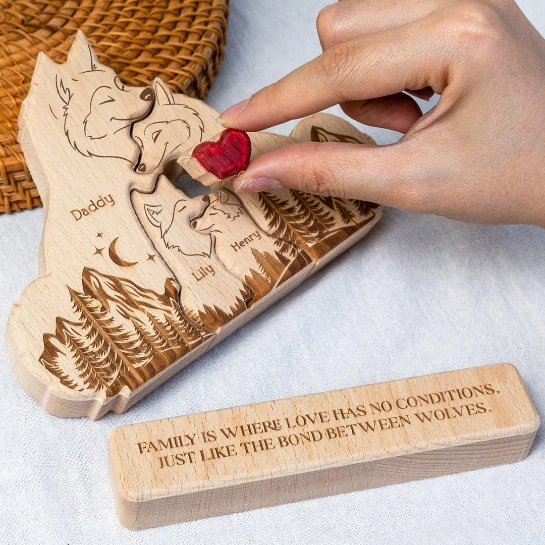 Puzzle en bois personnalisé - Famille de loups - Décorations et cadeaux personnalisés