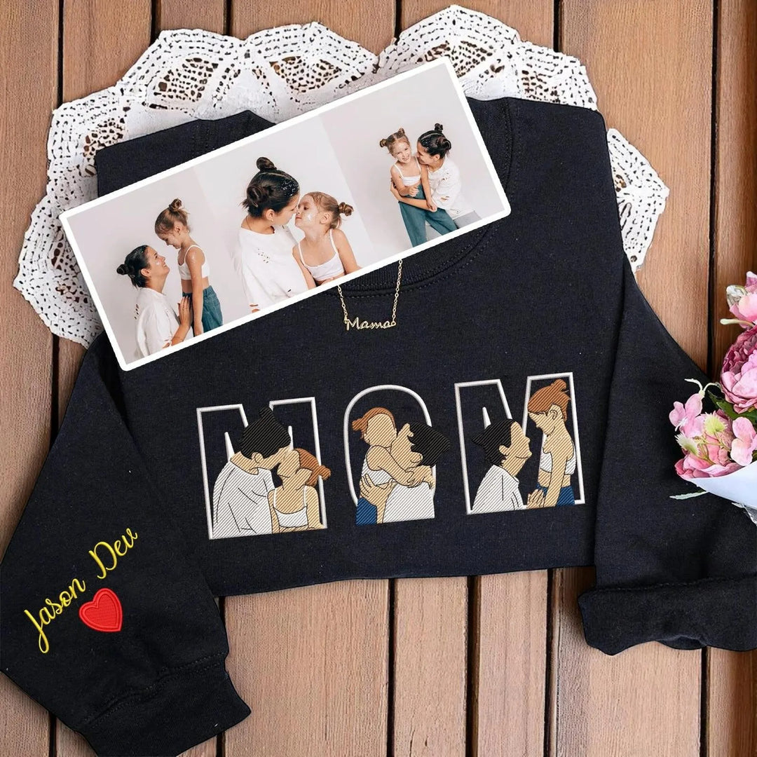 T-shirts et sweats personnalisés brodés avec la photo de maman, des cadeaux de Noël parfaits.