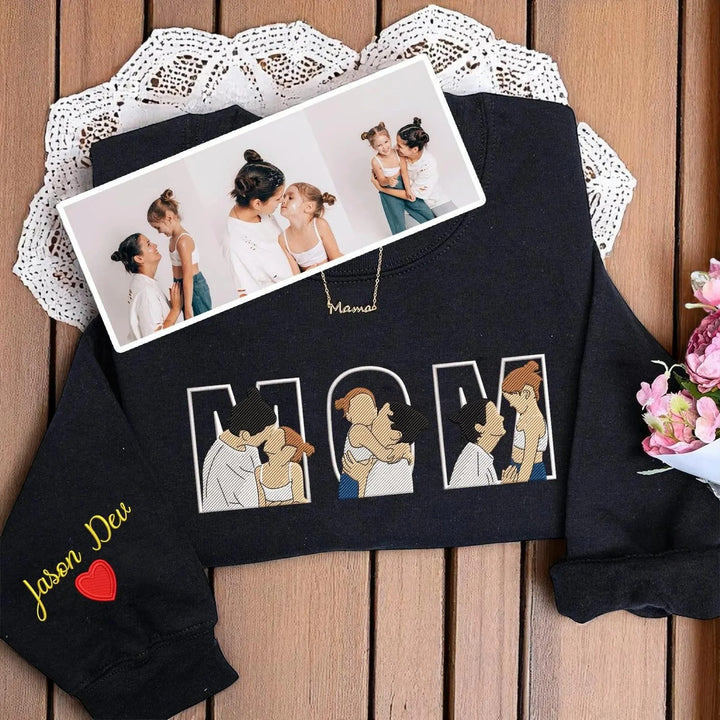 T-shirts et sweats personnalisés brodés avec la photo de maman, des cadeaux de Noël parfaits.