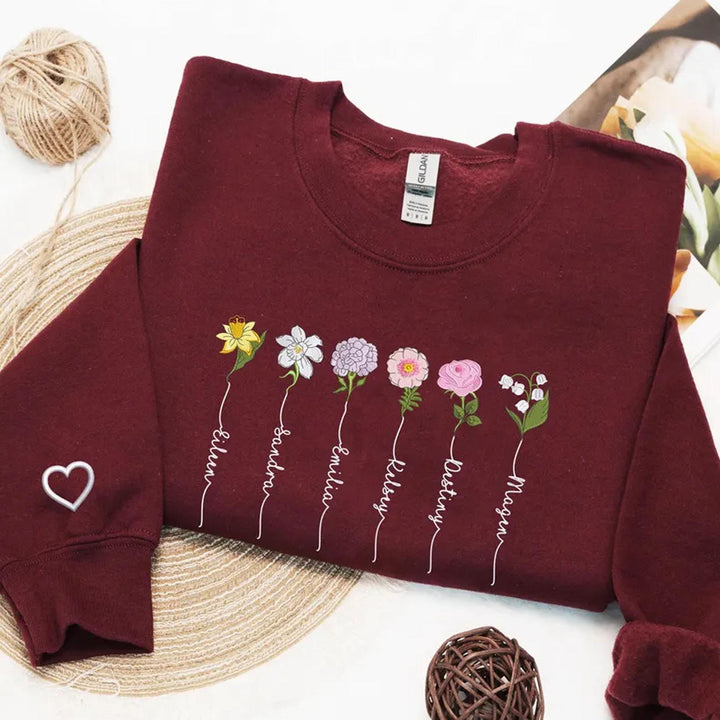 Sweat-shirt brodé personnalisé avec fleur de naissance et prénoms des enfants pour maman