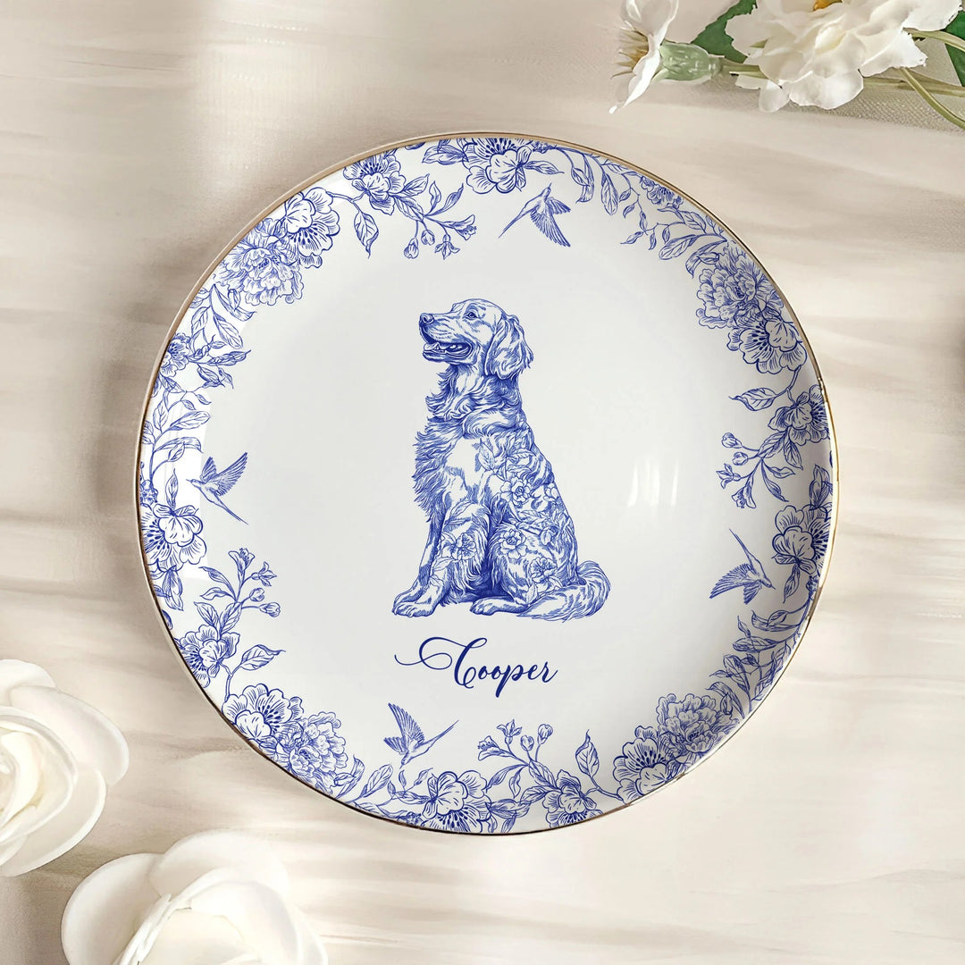 Cadeau pour amoureux des chiens, style chinoiserie toile de Jouy - Coupelle à bijoux personnalisée