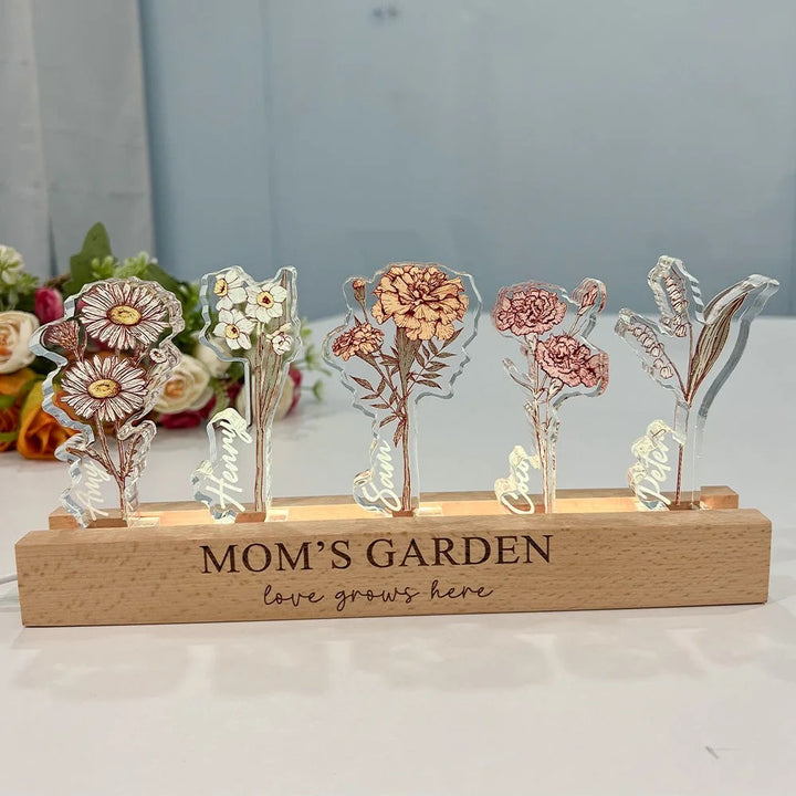 Fleur de naissance personnalisée en acrylique 3D avec lumière LED et prénoms des enfants