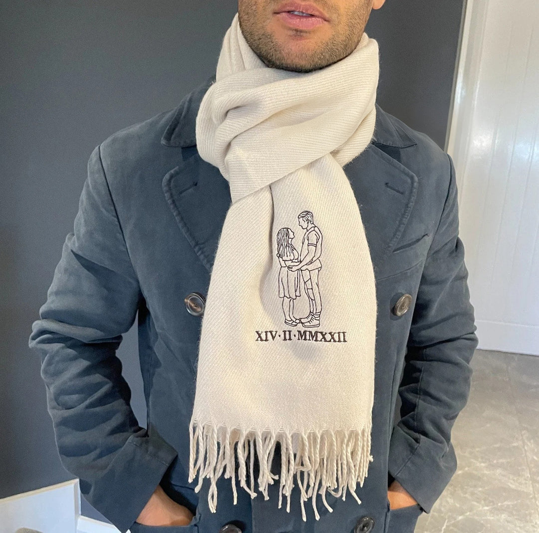 Écharpe personnalisée brodée avec contour de portrait, cadeau d'anniversaire de Noël en chiffres romains