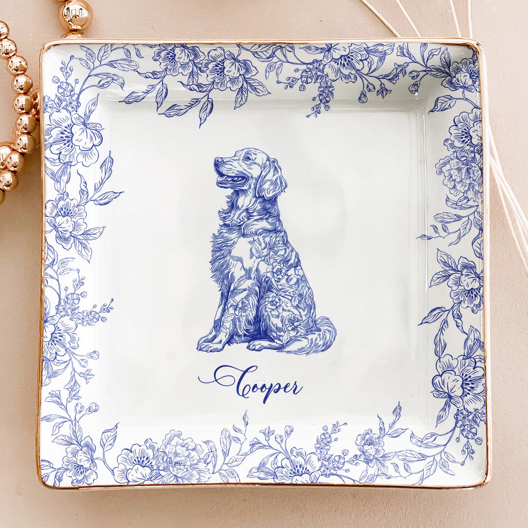 Cadeau pour amoureux des chiens, style chinoiserie toile de Jouy - Coupelle à bijoux personnalisée
