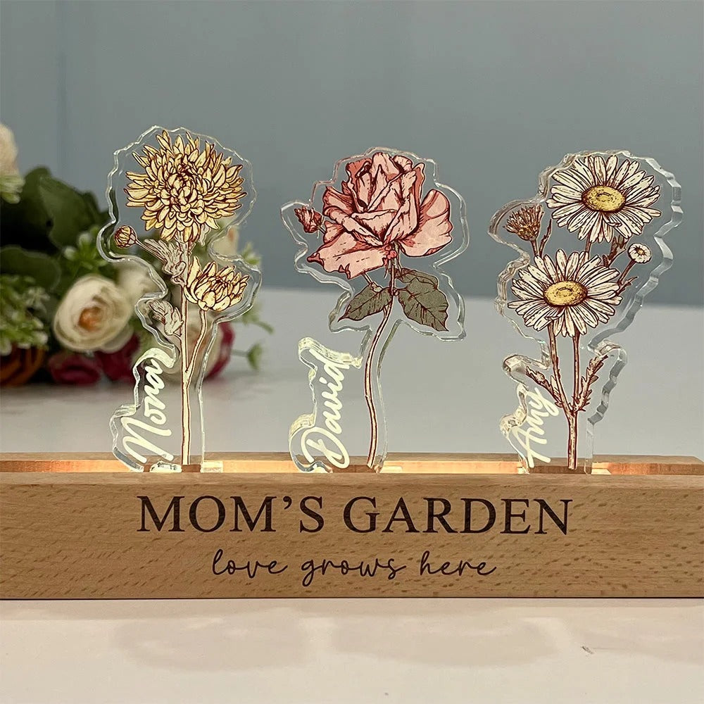 Fleur de naissance personnalisée en acrylique 3D avec lumière LED et prénoms des enfants