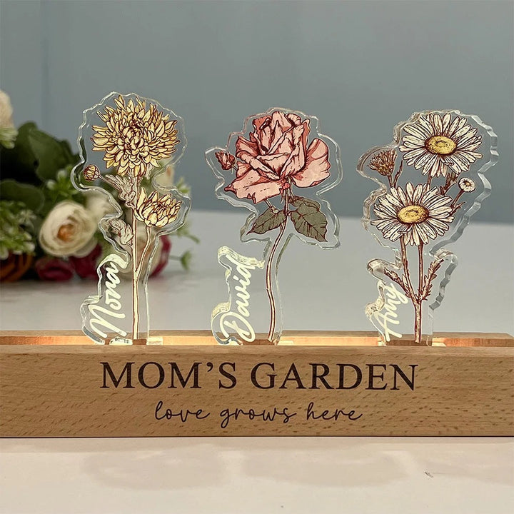 Fleur de naissance personnalisée en acrylique 3D avec lumière LED et prénoms des enfants