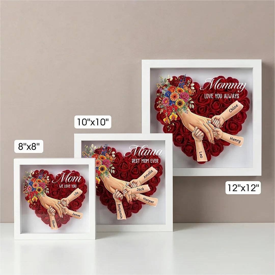 Boîte d’ombre cœur floral personnalisée Maman mains avec prénoms enfants et bague manicure