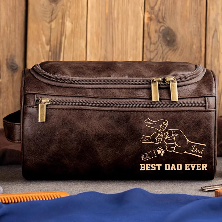 Trousse De Toilette En Cuir Personnalisée Avec Poings Entre Papa Enfants Et Animal De Compagnie pour Papa Ou Papi