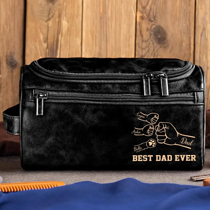 Trousse De Toilette En Cuir Personnalisée Avec Poings Entre Papa Enfants Et Animal De Compagnie pour Papa Ou Papi