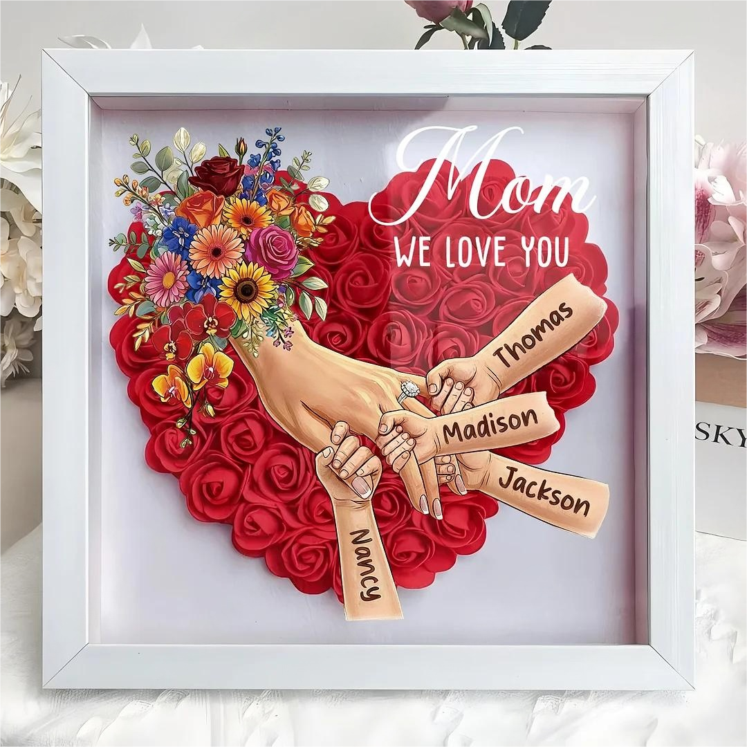 Boîte d’ombre cœur floral personnalisée Maman mains avec prénoms enfants et bague manicure
