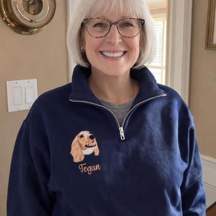 Sweat à Quart de Zip Personnalisé avec Portrait d'Animal Brodé en Couleurs