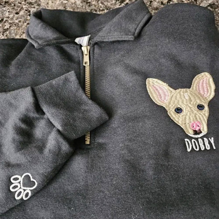 Sweat à Quart de Zip Personnalisé avec Portrait d'Animal Brodé en Couleurs