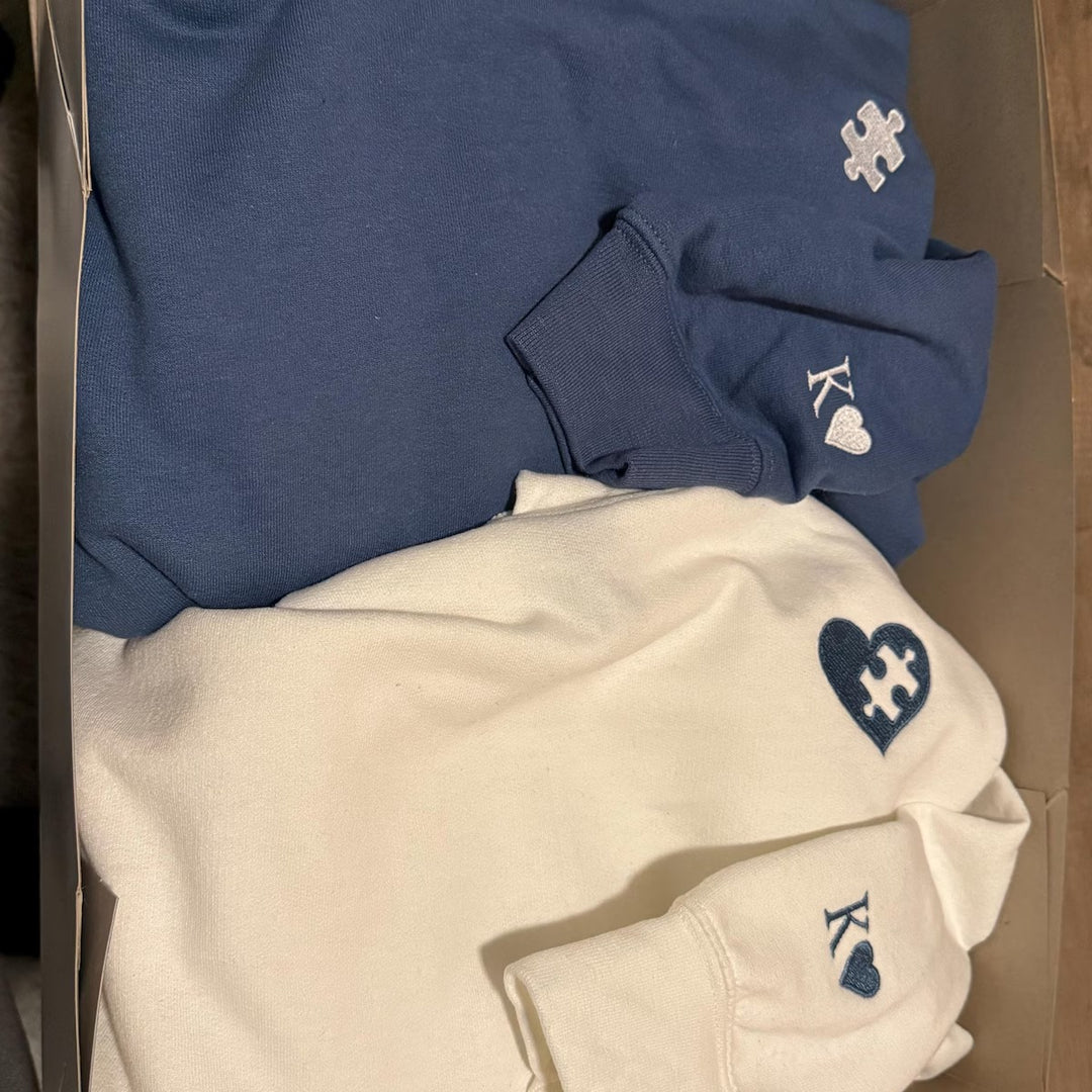 Sweat-shirts Couple Personnalisés, Cœurs Brodés et Puzzle avec Initiales,Cadeau d’Anniversaire et de Noël