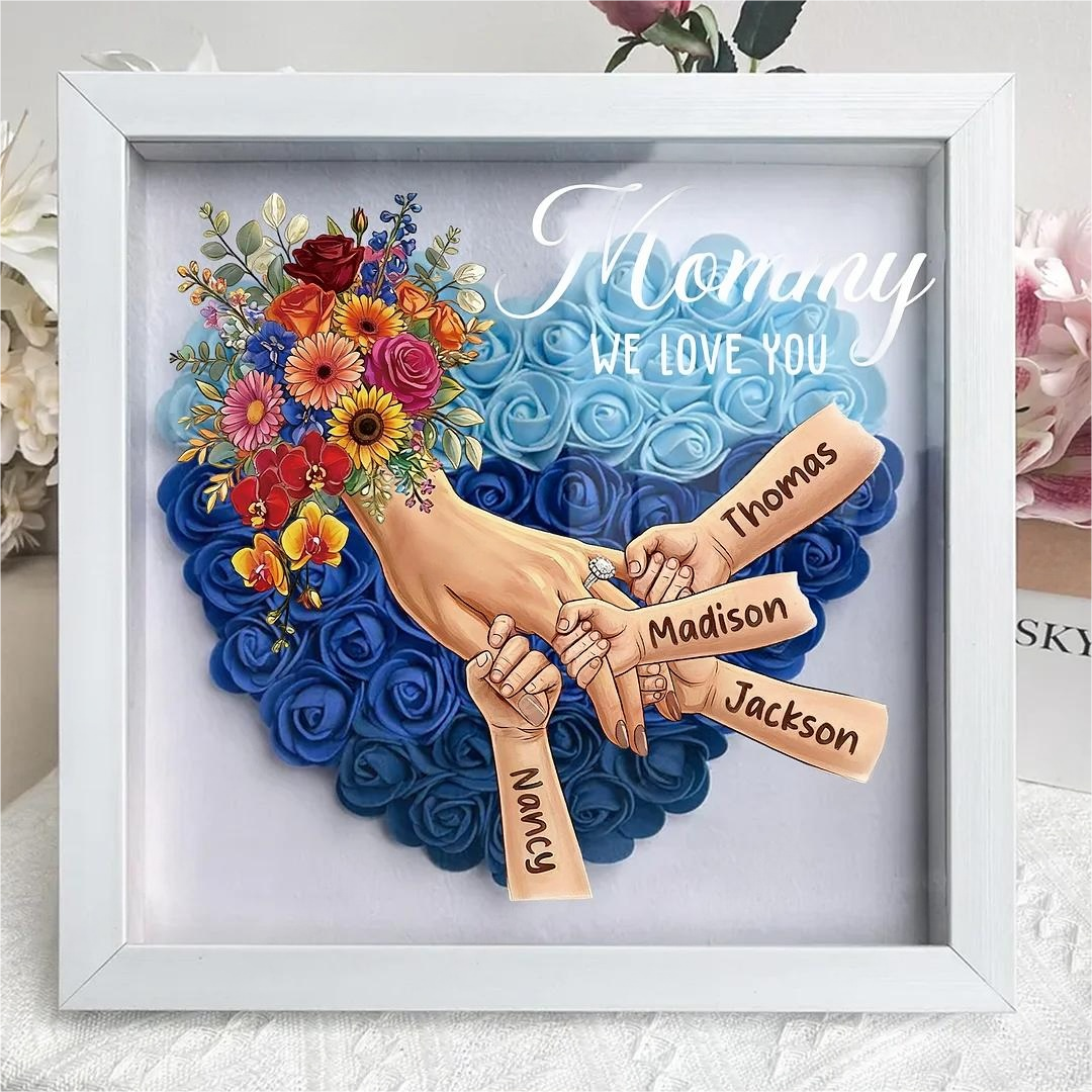 Boîte d’ombre cœur floral personnalisée Maman mains avec prénoms enfants et bague manicure