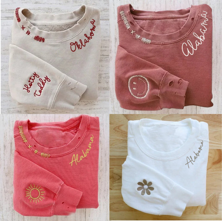 Sweat-shirt ras du cou vintage personnalisé brodé à la main, effet vieilli