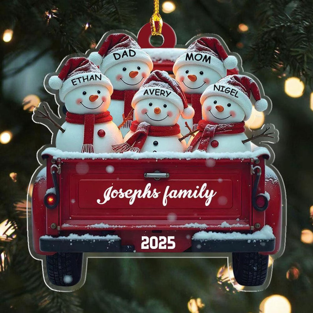 Décoration de Noël personnalisée en forme de bonhomme de neige mignon dans un camion rouge
