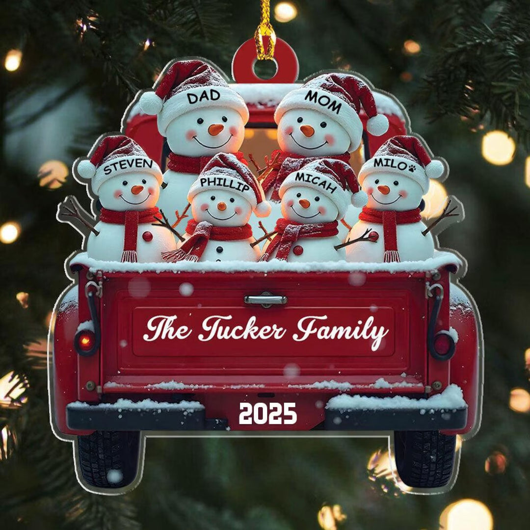 Décoration de Noël personnalisée en forme de bonhomme de neige mignon dans un camion rouge