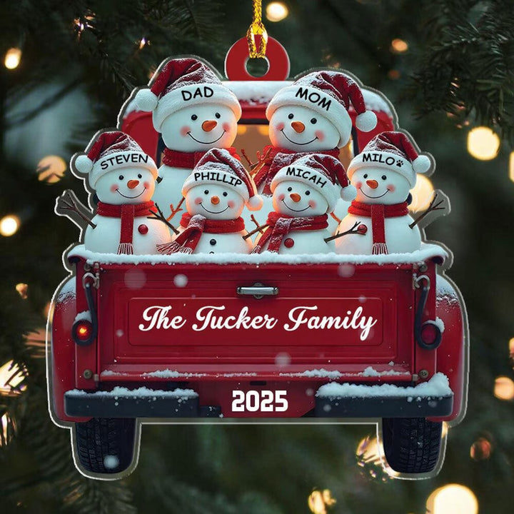 Décoration de Noël personnalisée en forme de bonhomme de neige mignon dans un camion rouge