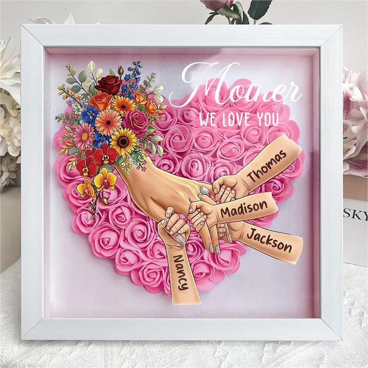 Boîte d’ombre cœur floral personnalisée Maman mains avec prénoms enfants et bague manicure