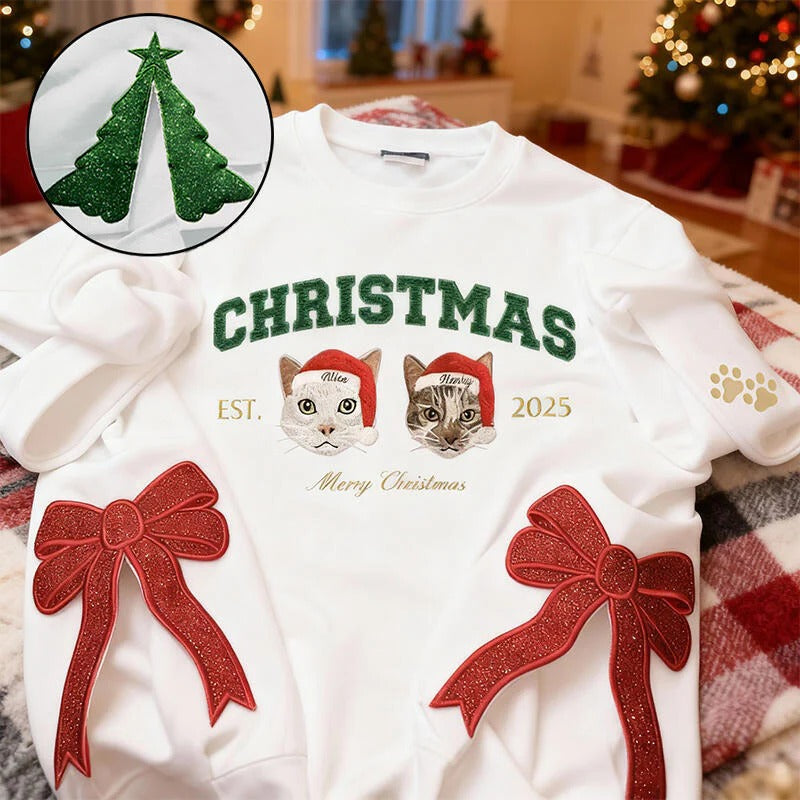 Sweat-shirt personnalisé avec portrait d'animal brodé « Joyeux Noël » et nœud pailleté sur le côté