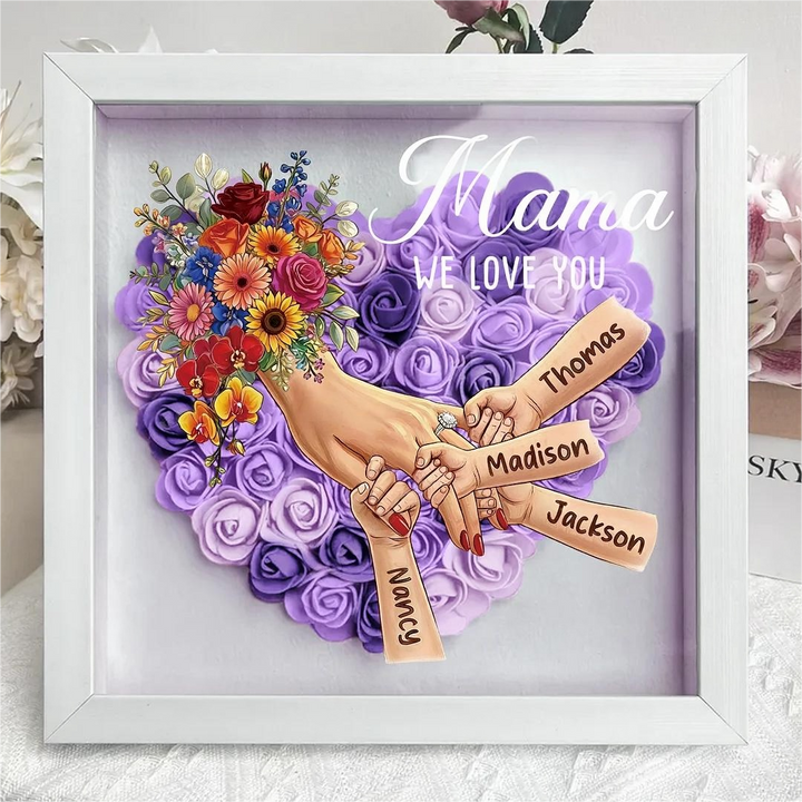 Boîte d’ombre cœur floral personnalisée Maman mains avec prénoms enfants et bague manicure