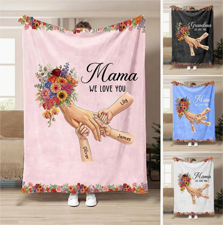 Plaid couverture personnalisée Maman mains entrelacées avec prénoms et fleurs