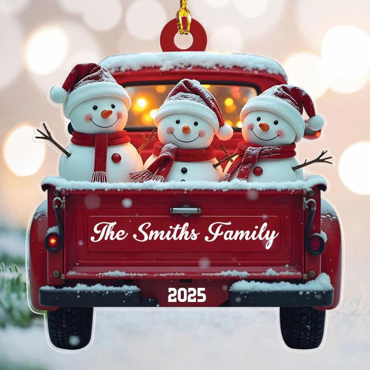Décoration de Noël personnalisée en forme de bonhomme de neige mignon dans un camion rouge