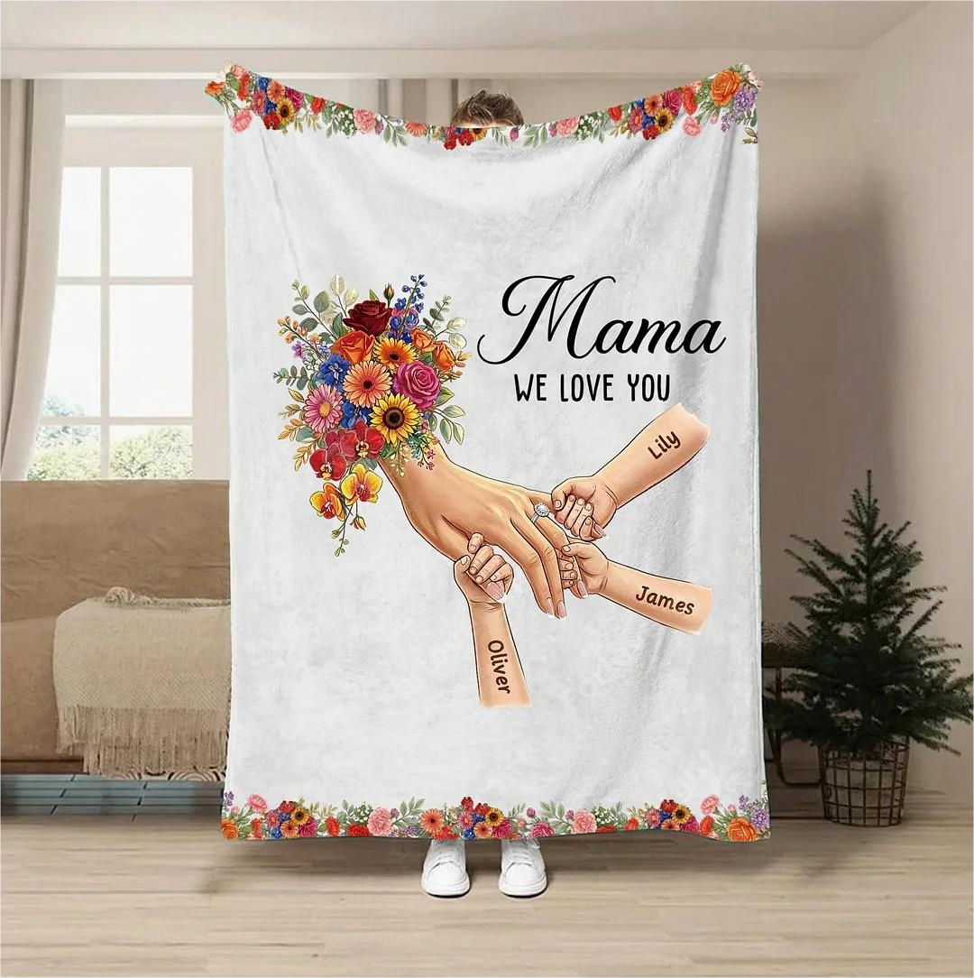 Plaid couverture personnalisée Maman mains entrelacées avec prénoms et fleurs