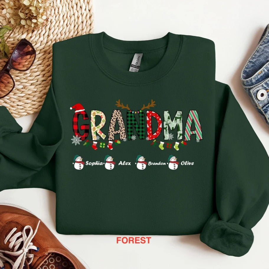 Sweat-shirt personnalisé avec nom de famille pour Noël, t-shirt de grand-mère de Noël
