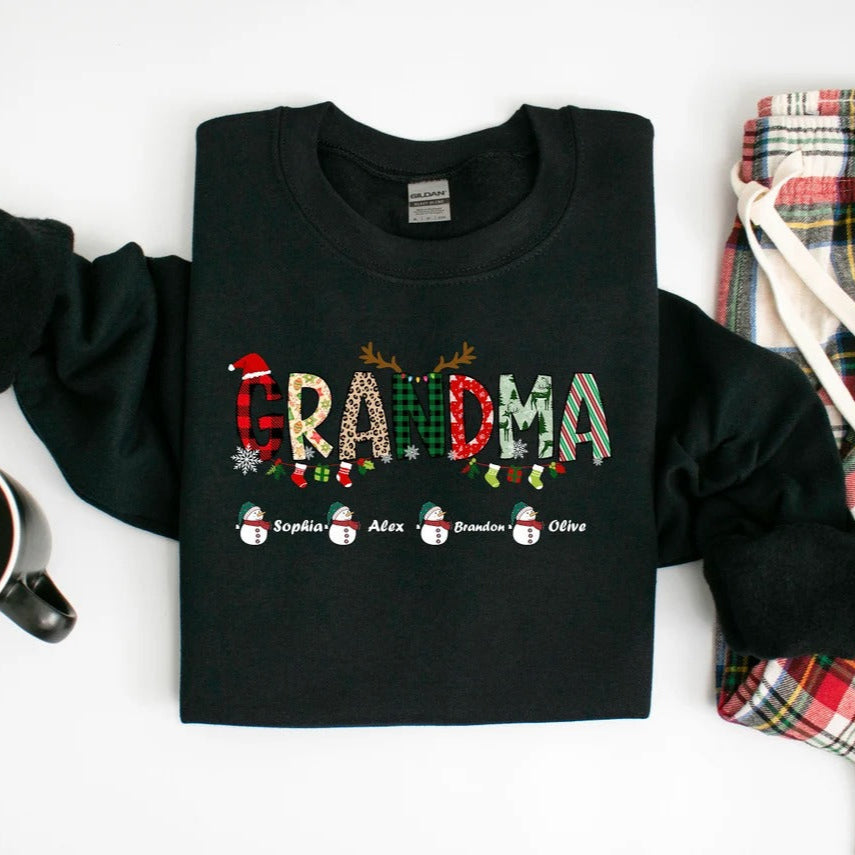 Sweat-shirt personnalisé avec nom de famille pour Noël, t-shirt de grand-mère de Noël