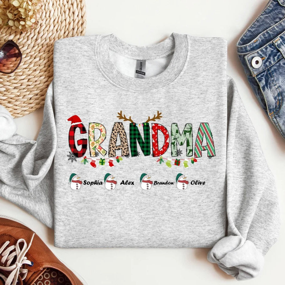 Sweat-shirt personnalisé avec nom de famille pour Noël, t-shirt de grand-mère de Noël