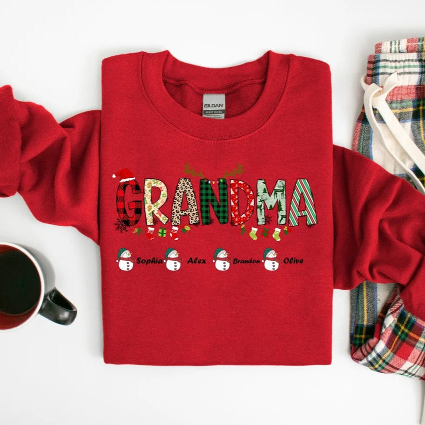 Sweat-shirt personnalisé avec nom de famille pour Noël, t-shirt de grand-mère de Noël