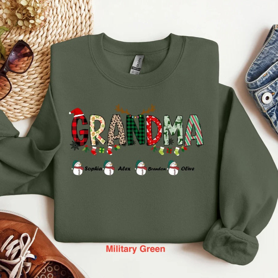 Sweat-shirt personnalisé avec nom de famille pour Noël, t-shirt de grand-mère de Noël