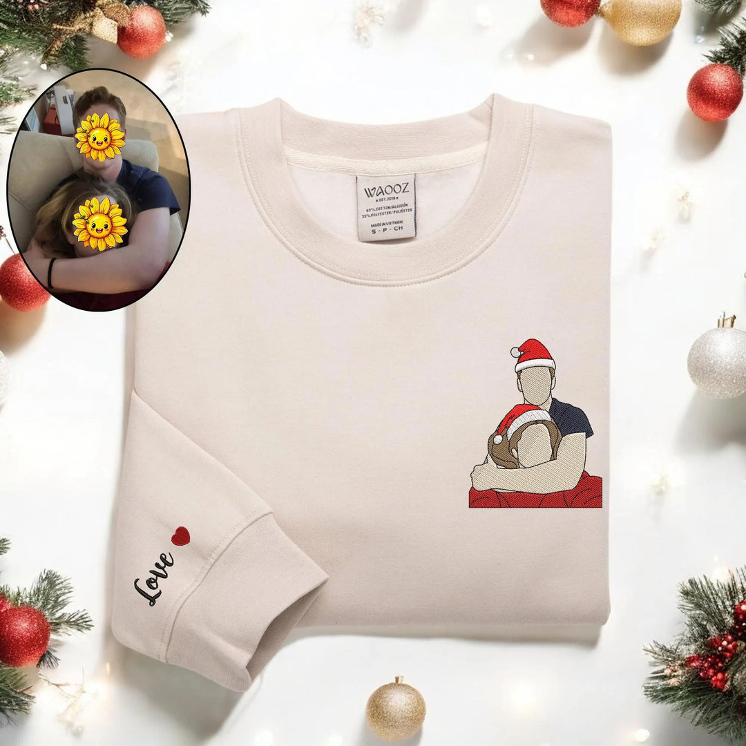 Sweat à capuche/col ras du cou personnalisé avec portrait brodé et chapeaux de Noël